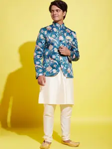 VASTRAMAY YUVA Boys Cream Solid Straight Kurta with Churidar & Floral Printed Jacket