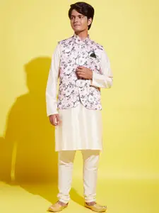 VASTRAMAY Boys Cream-Coloured Floral Kurta with Pyjamas