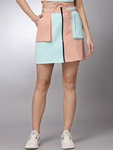 KASSUALLY Women Peach-Coloured & Blue Colour-Blocked A-Line Mini Skirts