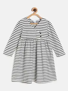 MINI KLUB Girls White & Black Striped V-Neck Cotton Dress