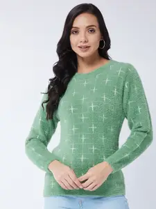 Modeve Women Green & White Self Design Acrylic Pullover