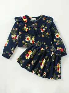 CrayonFlakes Girls Navy Blue & Green Printed Top with Skirt