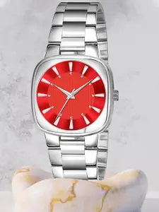 Shocknshop Women Red Embellished Dial & Steel Toned Stainless Steel Bracelet Style Straps Analogue Watch