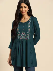 all about you Teal Floral Embroidered Longline Top