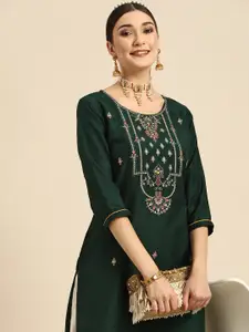 Sangria Women Green Ethnic Motifs Embroidered Floral Kurta