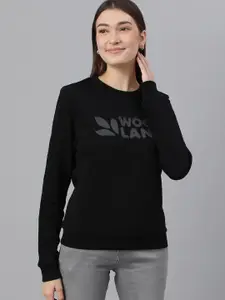 Woodland Women Black Typography Printed Cotton Sweatshirt