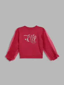 ELLE Girls Red Printed Embellished Cotton Sweatshirt