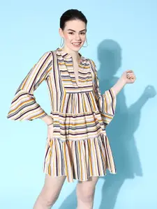 Berrylush Women Striped Crepe Bell Sleeves A-Line Mini Dress