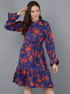 Fashfun Women Blue & Red Floral Printed Flounce A-Line Dress
