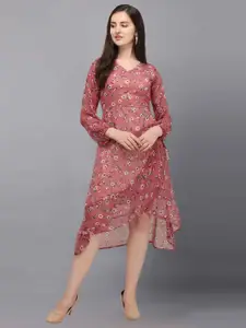 Fashfun Women Mauve Floral Printed A-Line Midi Dress