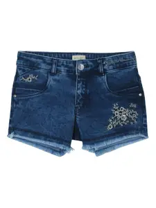 Gini and Jony Girls Blue Solid Embroidered Detail Denim Shorts