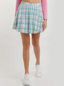 zink Z Women Blue & White Checked Pure Cotton Mini Pleated Flared Skirt