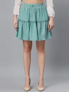 Selvia Women Sea Green Printed Tiered Mini Skirt