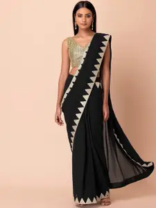 Indya Luxe Black & Gold-Toned Mirror Work Saree Embroidered Set With Blouse
