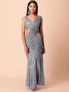 Indya Luxe Grey Embellished Sequinned Saree Set With Blouse