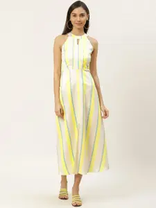 DODO & MOA Women Off White & Yellow Striped Fit & Flare Dress