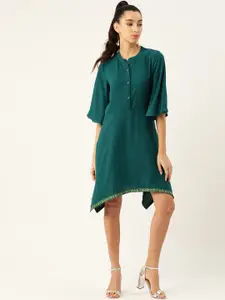 DODO & MOA Women Teal Solid Flared Sleeves A-Line Dress