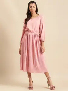 DODO & MOA Women Peach Puff Sleeves Fit & Flare Dress