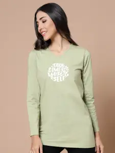 HOUSE OF KKARMA Women Green Typography Printed Oversized Cotton T-shirt
