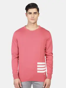 Blackberrys Men Pink & White Striped Cotton Pullover Sweater