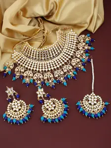 LUCKY JEWELLERY Gold-Plated & White Kundan Studded Necklace Set