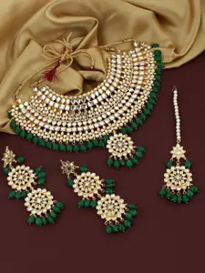 LUCKY JEWELLERY Gold-Plated & Green Kundan Studded Necklace Set