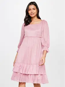AND Pink Solid Layered Puff Sleeve Dress