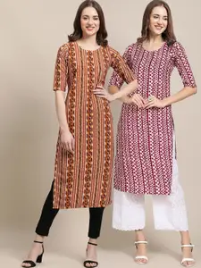 7Threads Pack Of 2 Geometric Printed Straight Crepe Kurtas