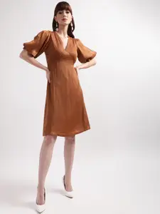CENTRESTAGE Women Brown Solid V-Neck Empire Dress