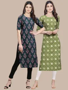 7Threads Women Pack of 2 Teal & Green Floral Printed Crepe Kurta