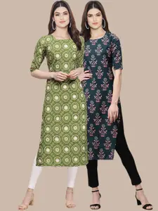 7Threads Women Pack of 2 Ethnic Motifs Printed Crepe Kurta