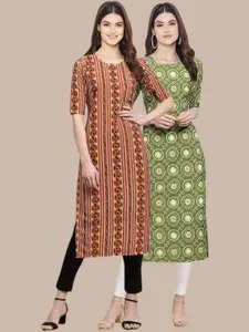 7Threads Women Green & Brown Pack of 2 Ethnic Motifs Printed Crepe Kurta