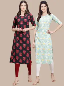7Threads Women Pack of 2 Black & Blue Printed Crepe Straight Kurta