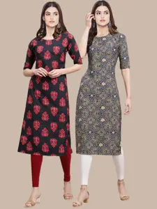 7Threads Women Pack Of 2 Red & Blue Ethnic Motifs Printed Crepe Kurta