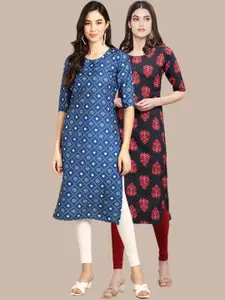 7Threads Women Pack of 2 Blue & Black Ethnic Motifs Printed Crepe Kurta