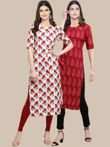 7Threads Women White & Red Pack of 2 Floral Printed Crepe Kurta