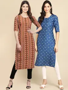 7Threads Women Blue & White Pack of 2 Geometric Printed Crepe Kurta