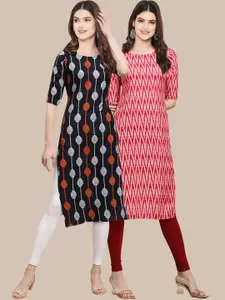 7Threads Pack Of 2 Ethnic Motifs Printed Round Neck Crepe Kurtas