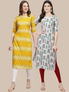 7Threads Women Pack of 2 Yellow & Grey Printed Crepe Kurtas