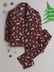 The Magic Wand Girls Brown & Red Printed Pure Cotton Night suit