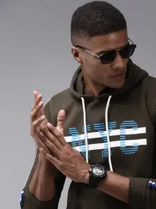 SHOWOFF Men Olive Green Printed Hooded Cotton Sweatshirt