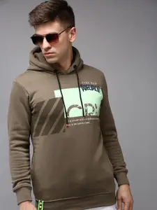 SHOWOFF Men Olive Green Printed Hooded Cotton Sweatshirt