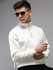 SHOWOFF Men White Half Zipper Cotton Sweatshirt