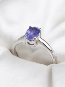 HIFLYER JEWELS 925 Sterling Silver Rhodium-Plated Silver-Toned Blue Stone-Studded Finger Ring