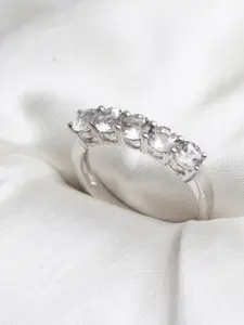 HIFLYER JEWELS 925 Sterling Silver Rhodium-Plated Silver Toned White Stone-Studded Finger Ring