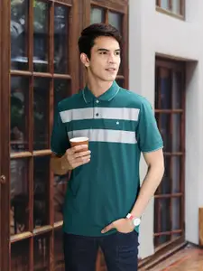 Louis Philippe Men Teal Green & Grey Striped Polo Collar T-shirt