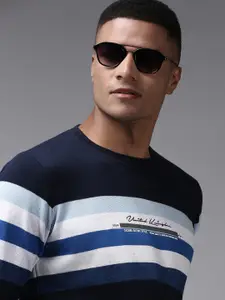 SHOWOFF Men Navy Blue Striped Cotton Sweatshirt