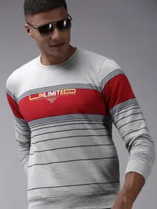 SHOWOFF Men Grey & Red Colourblocked Cotton Sweatshirt