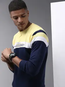 SHOWOFF Men Navy Blue & Yellow Cotton Colourblocked Sweatshirt