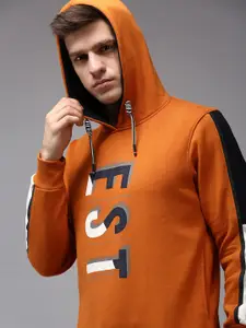 SHOWOFF Men Orange Printed Hooded Cotton Sweatshirt